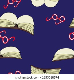 Vector illustration of books and reading glasses. Contour style. For print, design, back surface, textile, packaging, canvas. Hand drawn vector illustration. Seamless pattern. For children and adults.