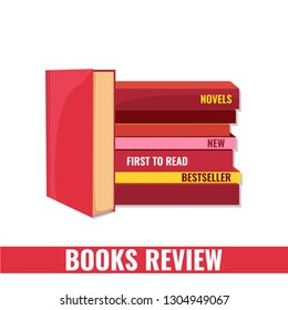 Vector illustration of Books Review for Reading club, book blogger, book chat. Stack of books and standing big book.