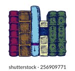 Vector illustration of the books spines stylized as engraving.