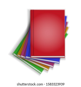 Vector illustration. Books are stacked. Top view. Various blank color books on white background for your desing and presentation. View from above. 