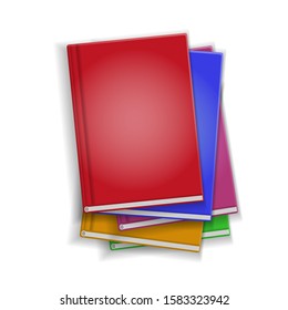 Vector illustration. Books are stacked. Top view. Various blank color books on white background for your desing and presentation. View from above. 