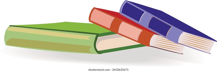 Vector illustration of books in a stack,loosely stacked on top of each other.Textbooks in hardcover, green, blue, orange.The picture is drawn by hand,element for stickers, games,books,presentations.
