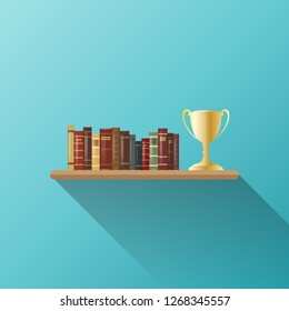 Vector illustration of books and trophy on a shelf.