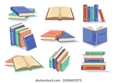 Vector illustration of books in various states — open, closed, stacked
