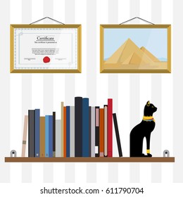 Vector illustration bookshelf with bibliography, encyclopedia, handbooks and cat figurine. Certificate and photo of pyramids on the wall. 