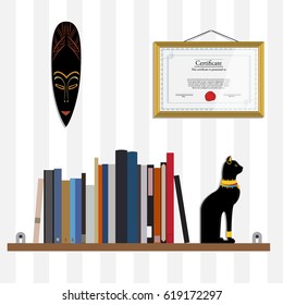 Vector illustration bookshelf with bibliography, encyclopedia, handbooks and cat figurine. Certificate and African mask on the wall. 
