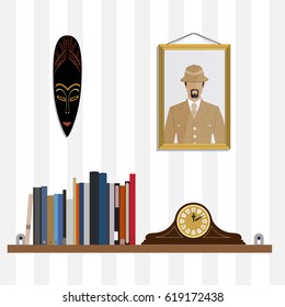 Vector illustration bookshelf with bibliography, encyclopedia, handbooks and retro clock. Photo of traveler and African mask on the wall. 