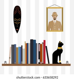 Vector illustration bookshelf with bibliography, encyclopedia, handbooks and cat figurine. Photo of traveler and African mask on the wall. 