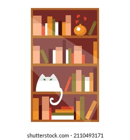 Vector illustration of a bookshelf, a cat and a vase of flowers