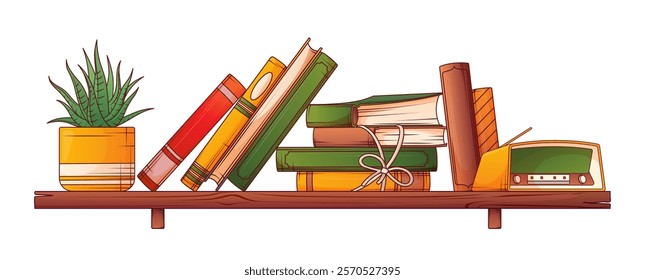 Vector illustration of bookshelf composition. Colorful standing books, stack of books, houseplant, radio isolated on white background. Book lover, bookstore, library concept.