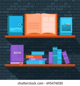 Vector illustration of bookshelf on brick wall. Template banner reading books and education. Collection of elements for design. Background for web pages, invitation cards, covers, posters.
