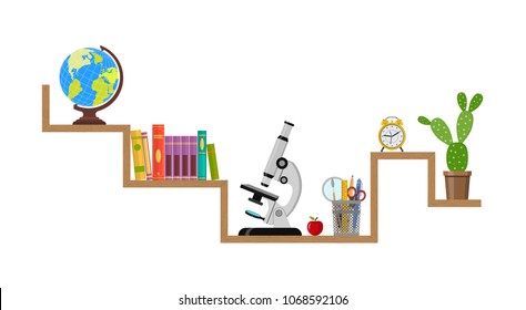 Vector illustration. Bookshelf with stationery accessories.