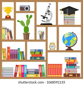 Vector illustration. Bookshelf with stationery accessories on white background.