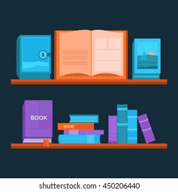 Vector illustration of bookshelf. Template banner reading books and education. Collection of elements for design. Background for web pages, invitation cards, covers, posters.