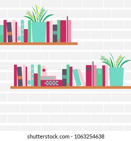 vector illustration of bookshelves with retro style books and flowers