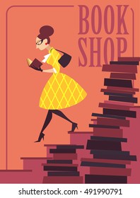 Vector illustration of bookstore, books shop, library. Retro poster design. Girl reading
a book.