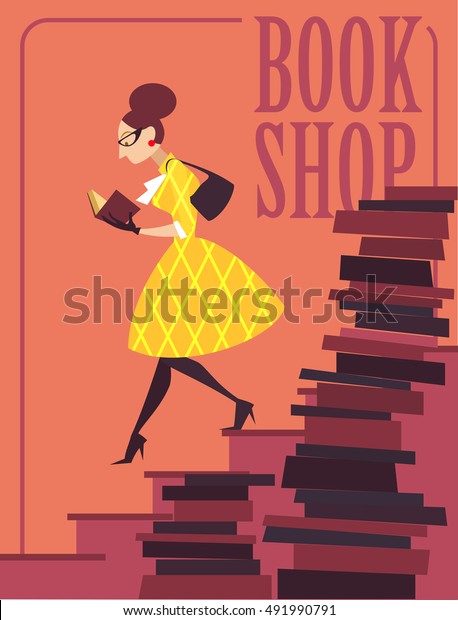 書店 書店 図書館のベクターイラスト レトロなポスターデザイン 読書中の女の子 本 のベクター画像素材 ロイヤリティフリー