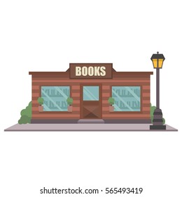 Vector illustration bookstore facade. Books, science, knowledge. Shop building flat icon. 