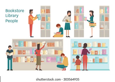 Vector illustration of bookstore, library, bookshelf, various character of people, diverse and multi-ethnic, adult and teenager,  and book. Flat design. Each layer separated, easy to use. 