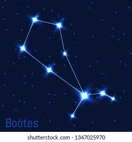 Vector illustration of Bootes constellation. Astronomical Herdsman. Cluster of realistic stars in the dark blue starry sky.