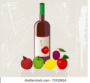 Vector illustration of bootle of wine and fruits