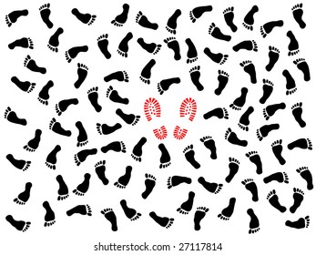 vector illustration of bootless imprints with two red foot prints