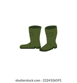 Ilustración vectorial de botas, zapatos altos de goma de color verde aislados sobre fondo blanco. Equipo de caza, camuflaje de cazadores de reposo, elemento de turismo de municiones para emblema o icono. Estilo de la caricatura