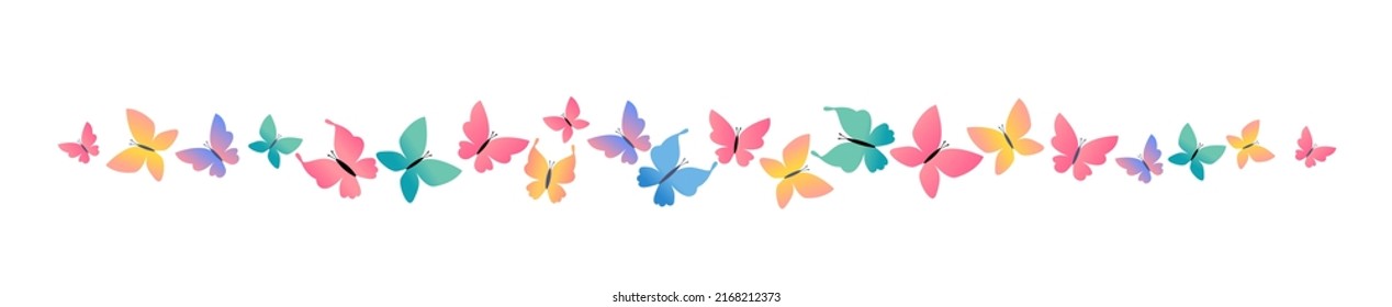 Vector illustration border of beautiful butterfly on white color background. Bright design of different butterfly for web, banner, print, textile, greeting card