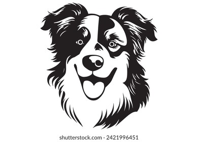 Ilustración vectorial de la cabeza de un perro pastor australiano de Border Collie, color negro, imagen vectorial