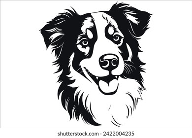 Ilustración vectorial de la cabeza de un perro pastor australiano de Border Collie, color negro, fondo blanco, imagen vectorial