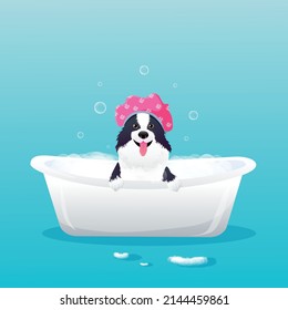 Vector Illustration. Border Collie With Shower Cap Taking A Bubble Bath