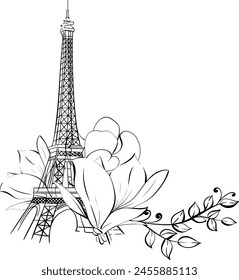 Vector illustration border of Eiffel Tower and flower. Magnolia springtime romantic in Paris for poster, greeting card, print with hand drawn. France famous symbol. Black silhouette for circuit