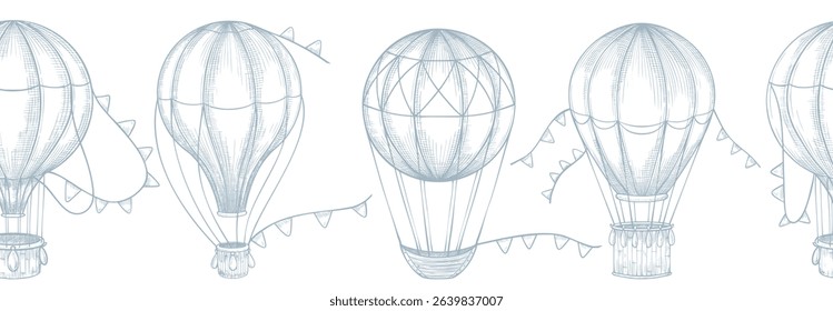 Vector illustration of border with flying hot air Balloons and bunting in vintage sketch style. Linear drawing with airships for baby shower invitations or children stationery designs. Blue etching.