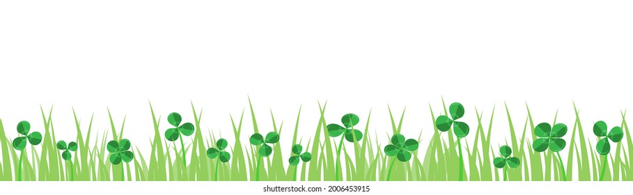 Vector illustration border of grass and cloverleaves and shamrocks on a white background, decorative strip for summer and spring season