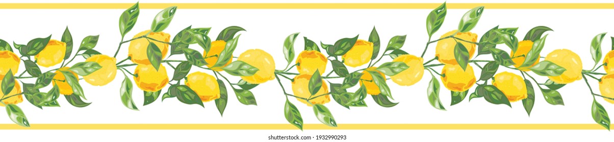 Vector illustration. Border seamless pattern. Image of a lemon branch with fruits and foliage.