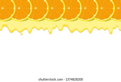 Vector illustration for border or template with multiple citrus fruit slices and puddle of spilled orange juice dripping on white background. Top view and flat lay design.