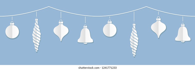 Vector illustration of a border of white paper Christmas ornaments against a blue background. Can be attached end to end seamlessly to make longer strings.
