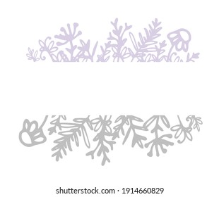 Vector illustration of a border of wildflowers chamomile in doodle style in two colors of pastel colors.stripes of gray and lilac colors with a blank space for text for the design template