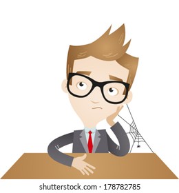 Vector illustration of a bored cartoon businessman sitting at his desk with a spider spinning a web between his head, arm and desk.