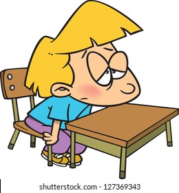 A vector illustration of bored cartoon girl sitting at her desk