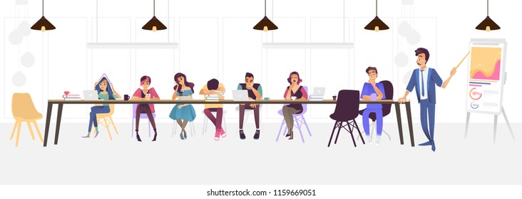 Imagen vectorial de personas aburridas en reuniones de negocios o conferencias - grupo de caricaturas de hombres y mujeres sentados en una larga mesa con libros y laptops cansados y aislados sin interés en fondo blanco.