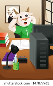 A vector illustration of bored sheep balancing a pencil on his nose