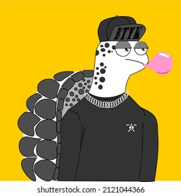 Vector illustration of a bored turtle blowing bubblegum wearing a black t-shirt. for NFT artwork and crypto graphic assets.