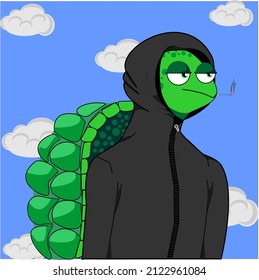 Vector illustration of a bored turtle smoking and wearing a black jacket. for NFT artwork and crypto graphic assets.