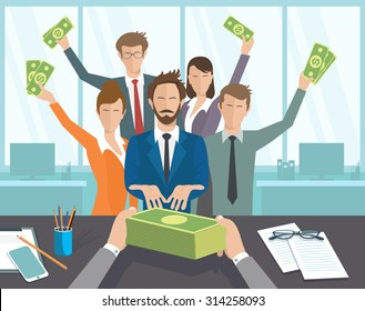 Vector Illustration, Boss Issues, Groups Of People Pay. The Office Manager Or Workers Receive A Monthly Salary.