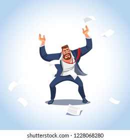 Vector illustration of boss under stress. Stressed vector cartoon characters. Angry boss stands raising his hands up aggressively shouting. Fun cartoon characters. Vector illustration work situation