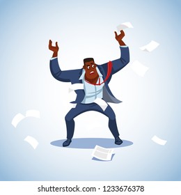 Vector illustration of boss under stress. Stressed vector cartoon characters. Angry boss stands raising his hands up aggressively shouting. Fun cartoon characters. Vector illustration work situation