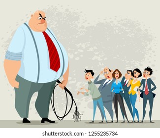 Vector illustration of boss with whip and his subordinates