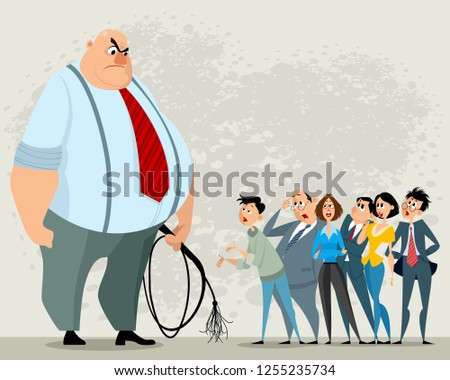 Vector illustration of boss with whip and his subordinates Foto stock © 