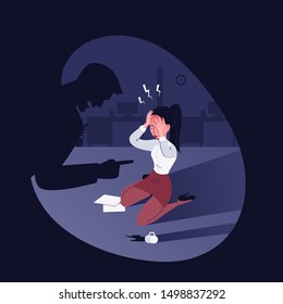Vector illustration of boss yelling at exhausted female employee on office interior background.